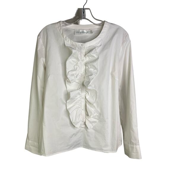 Vera Fishbaugh Blouse Womens Large White Button Down Ruffle Front  Classic - Picture 1 of 10